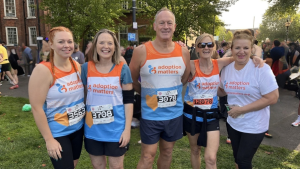 Team Adoption Matters at the 2026 Warrington Running Festival - from left to right we have Charlotte, Kath, Andy, Annie and Helen.